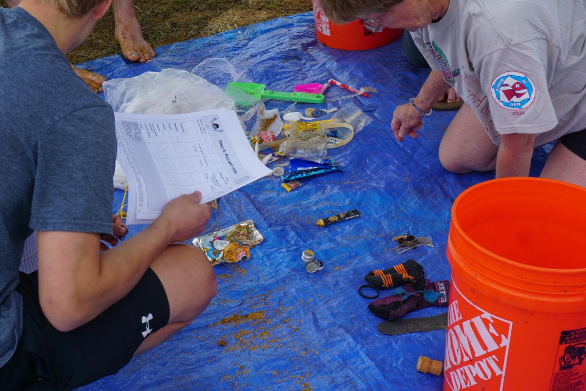 Volunteers sorting through marine debris