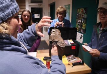 Volunteers helping take measurements of the saw whet owl.