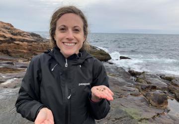 Sara Donelan, a young woman with dark blonde hair, stands on a rocky beach holding small snail shells in her hand