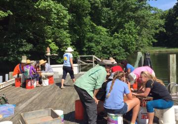 Volunteers on a dock against a backdrop of greenery and water. The volunteers are gathered around traps.