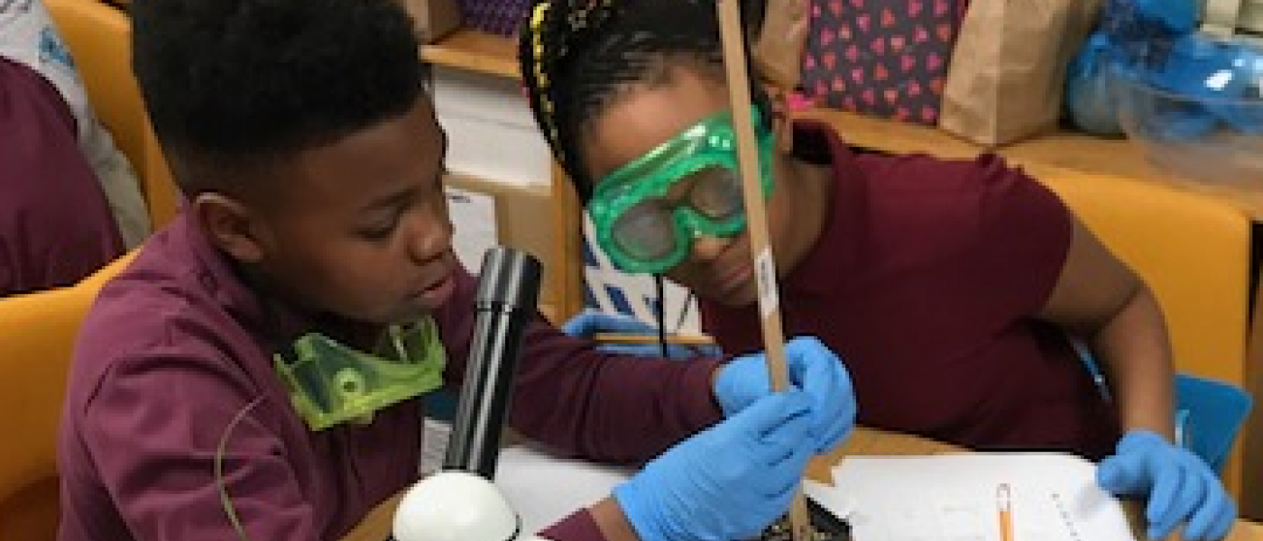 Two middle school students measuring a plant