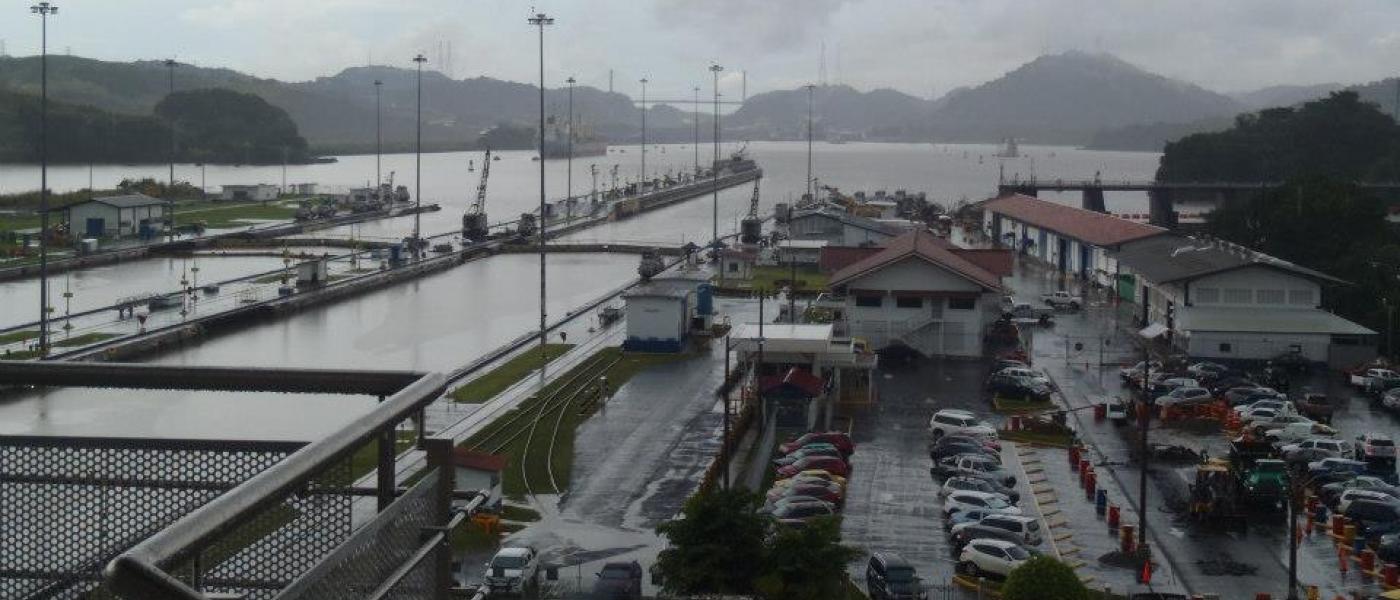 A view of Miraflores Locks in the Panama Canal, looking toward Gatun Lake. 