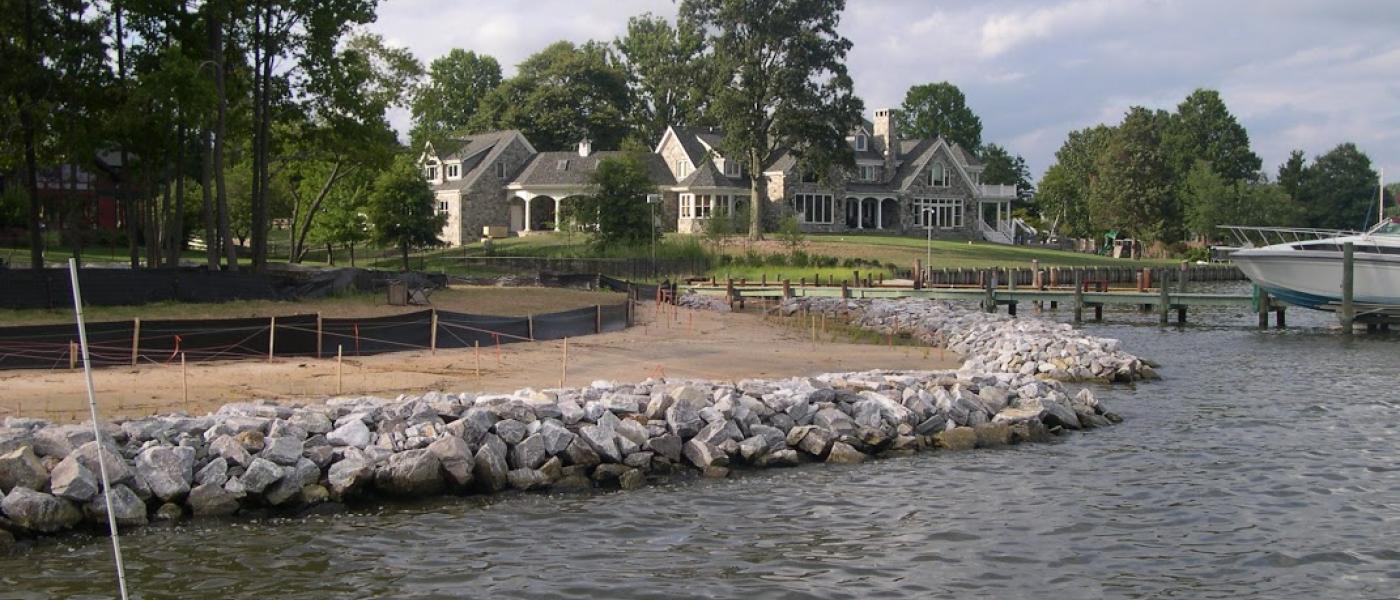 Shoreline with houses and riprap