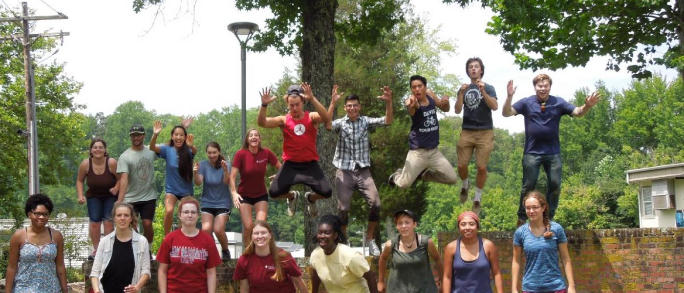 Summer interns jumping off of a wall to pose for a group picture