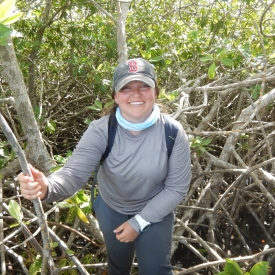 Hannah is standing in the middle of a mangrove forest in Belize